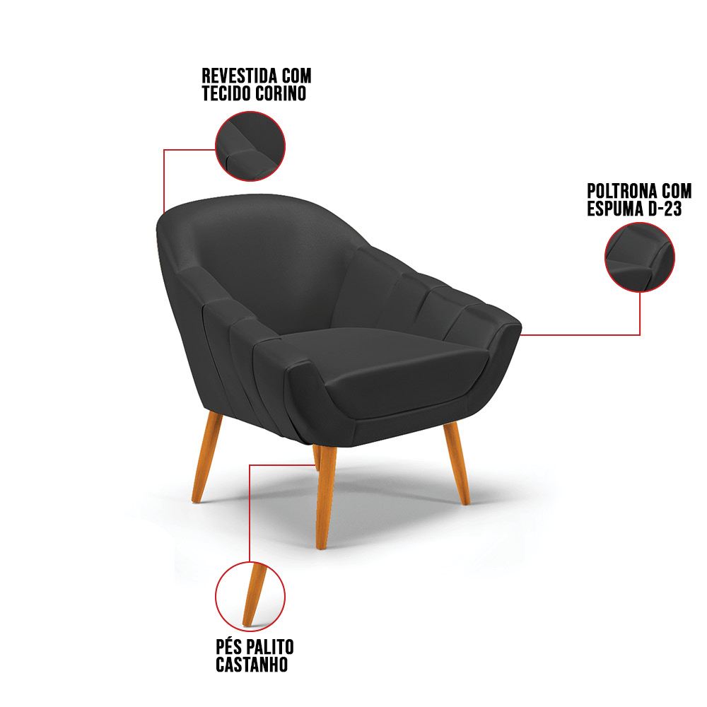 Kit 02 Poltronas Giovana Corino Preto Pés Palito Castanho - D'Rossi