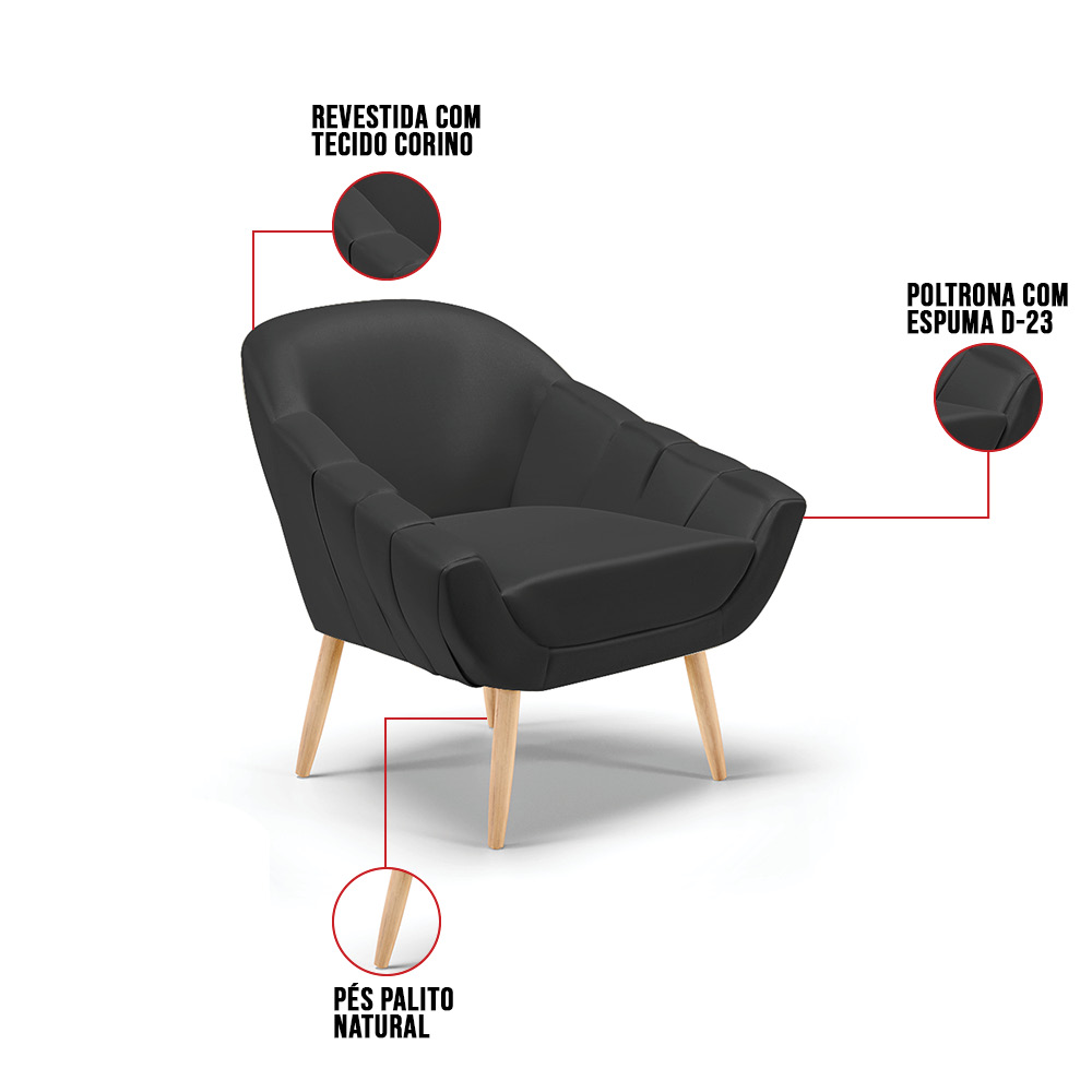 Kit 02 Poltronas Giovana Corino Preto Pés Palito Natural - D'Rossi