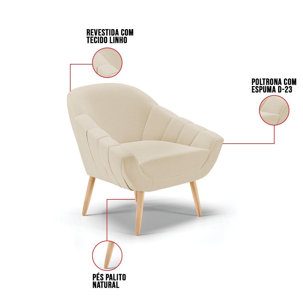 Kit 02 Poltronas Giovana Linho Areia A27 Pés Palito Natural - D'Rossi