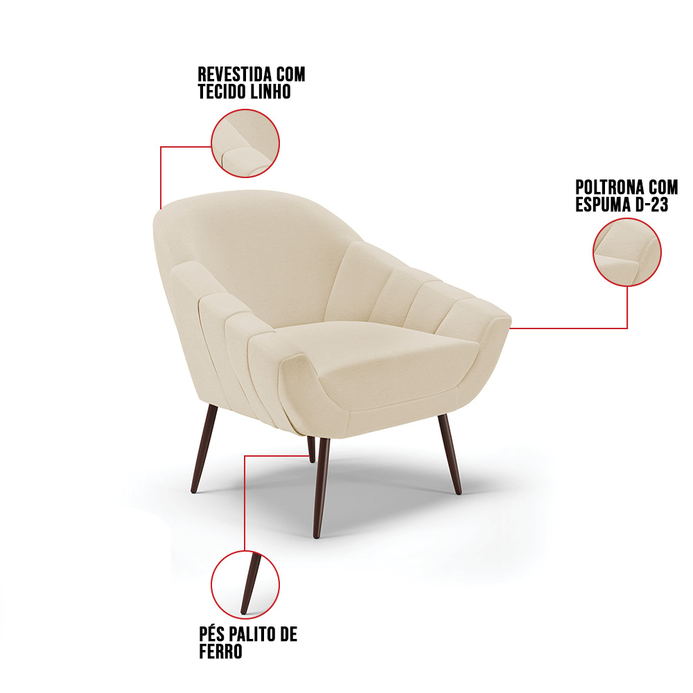 Kit 02 Poltronas Giovana Linho Areia A27 Pés Palito de Ferro - D'Rossi