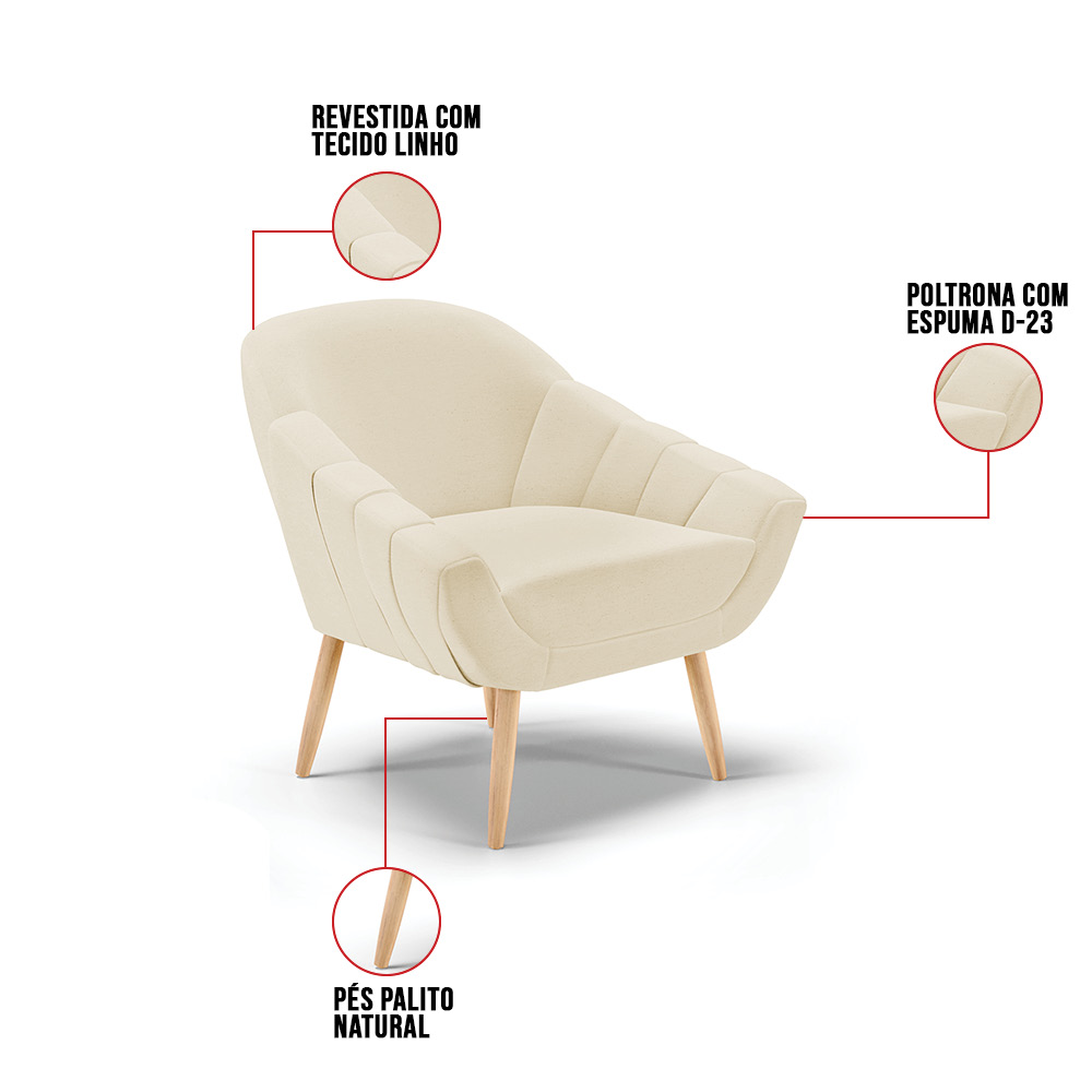 Kit 02 Poltronas Giovana Linho Bege A19 Pés Palito Natural - D'Rossi