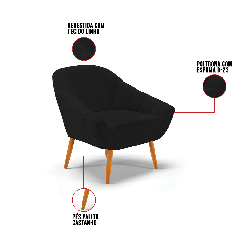 Kit 02 Poltronas Giovana Linho Preto A79 Pés Palito Castanho - D'Rossi
