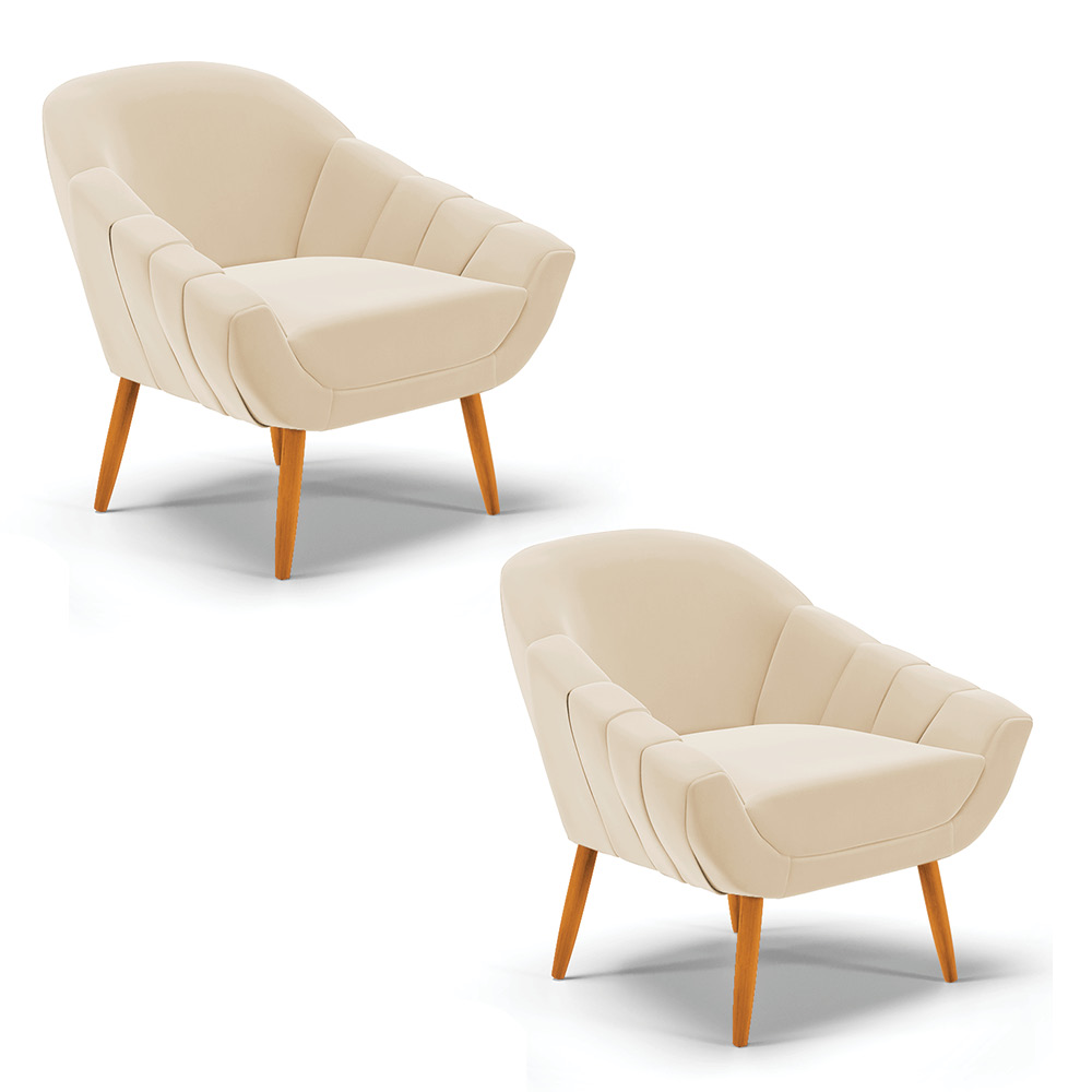 Kit 02 Poltronas Giovana Suede Bege Pés Palito Castanho - D'Rossi