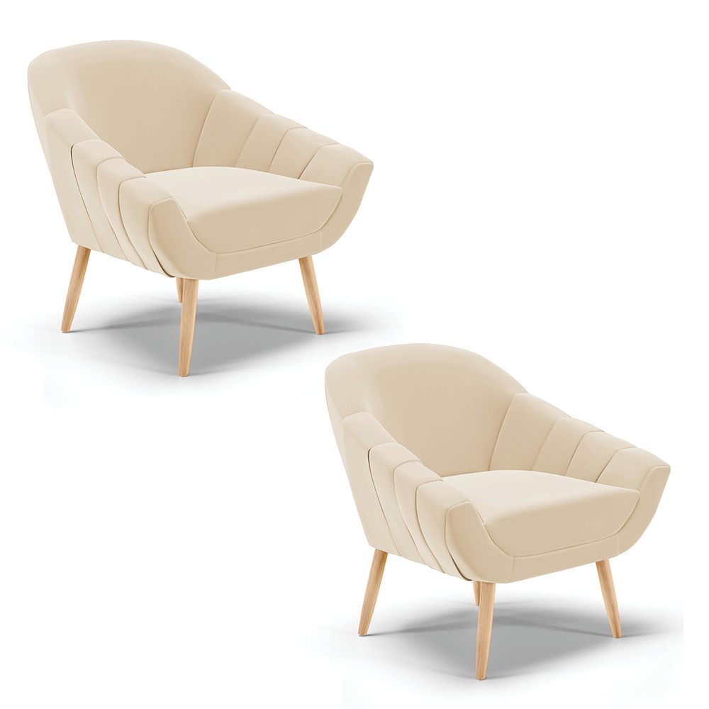 Kit 02 Poltronas Giovana Suede Bege Pés Palito Natural - D'Rossi