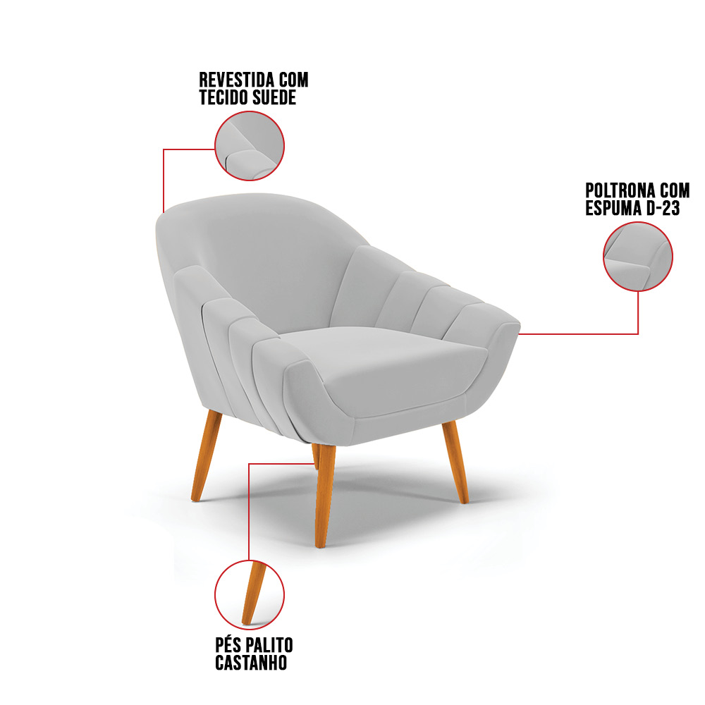 Kit 02 Poltronas Giovana Suede Cinza Pés Palito Castanho - D'Rossi
