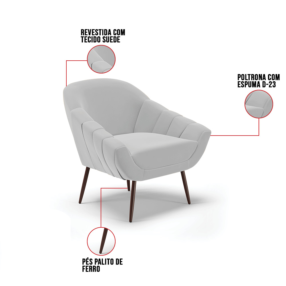 Kit 02 Poltronas Giovana Suede Cinza Pés Palito de Ferro - D'Rossi