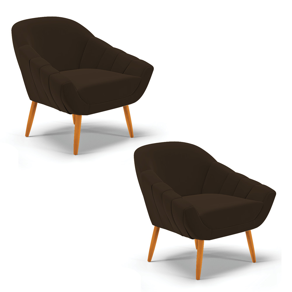 Kit 02 Poltronas Giovana Suede Marrom Pés Palito Castanho - D'Rossi