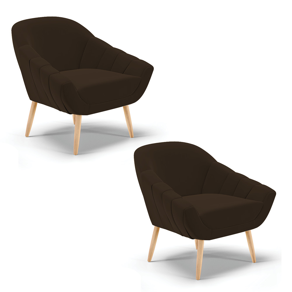 Kit 02 Poltronas Giovana Suede Marrom Pés Palito Natural - D'Rossi