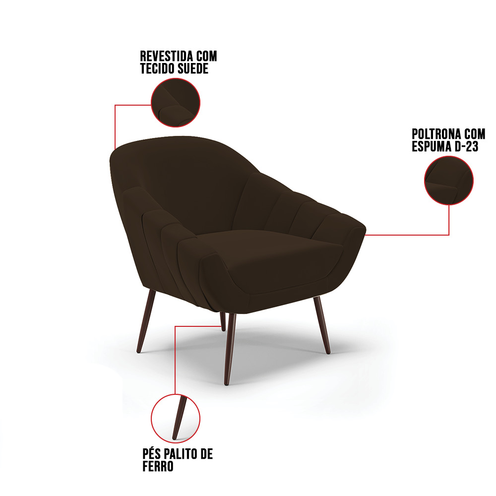 Kit 02 Poltronas Giovana Suede Marrom Pés Palito de Ferro - D'Rossi