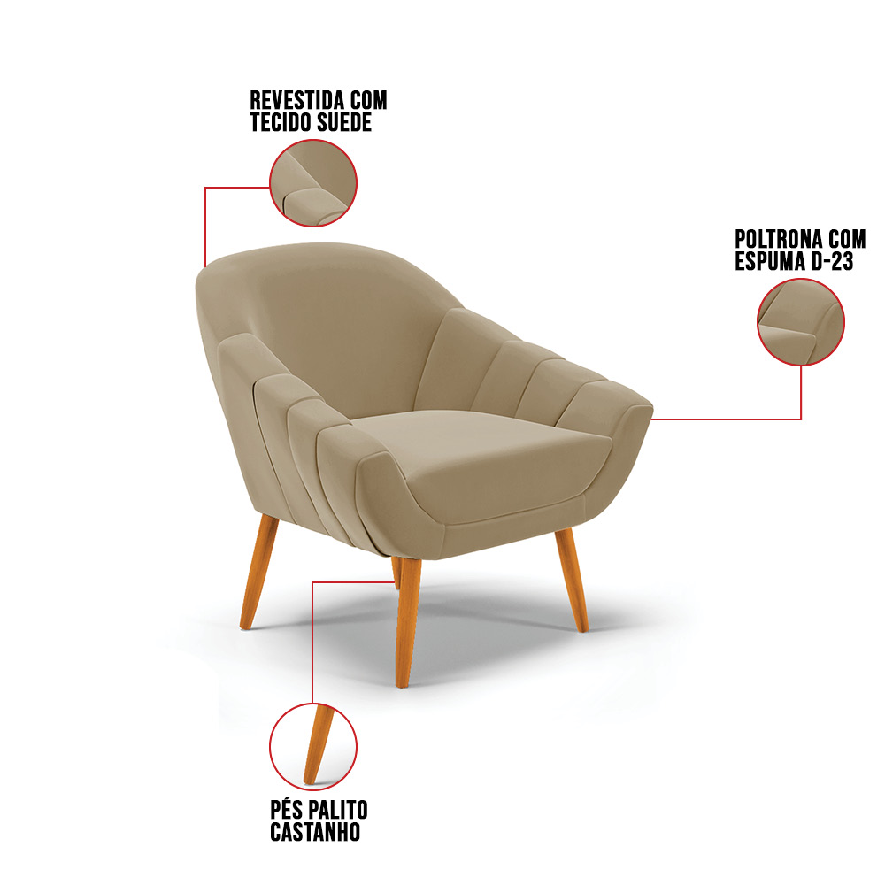 Kit 02 Poltronas Giovana Suede Marrom Rato Pés Palito Castanho - D'Rossi