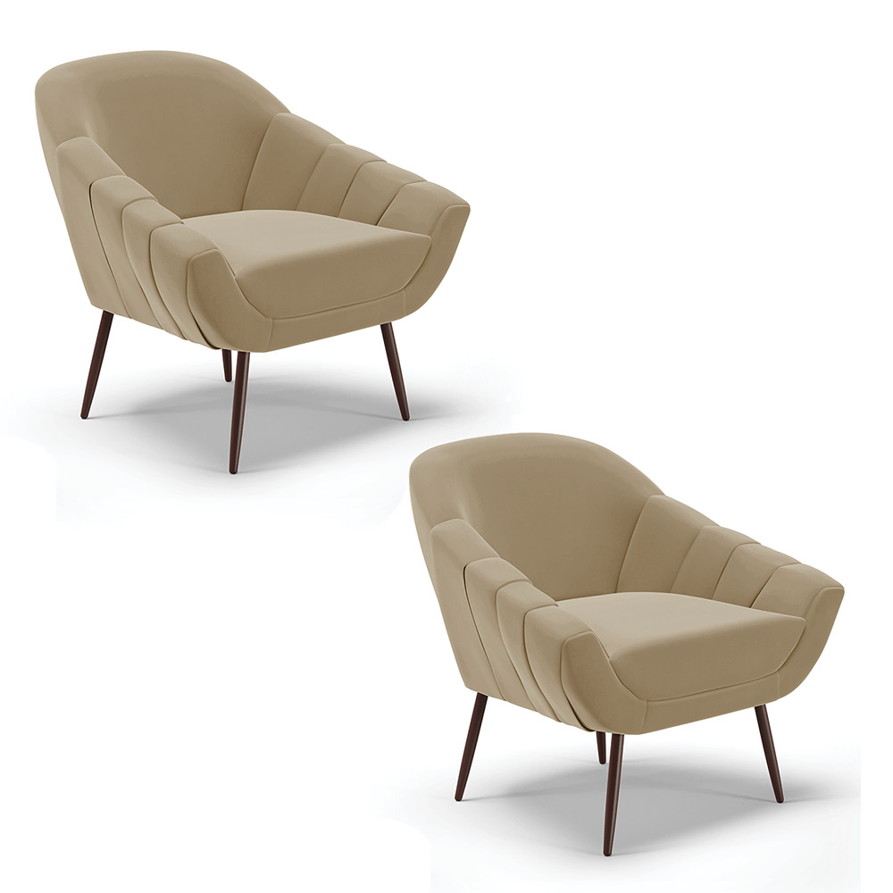 Kit 02 Poltronas Giovana Suede Marrom Rato Pés Palito de Ferro - D'Rossi