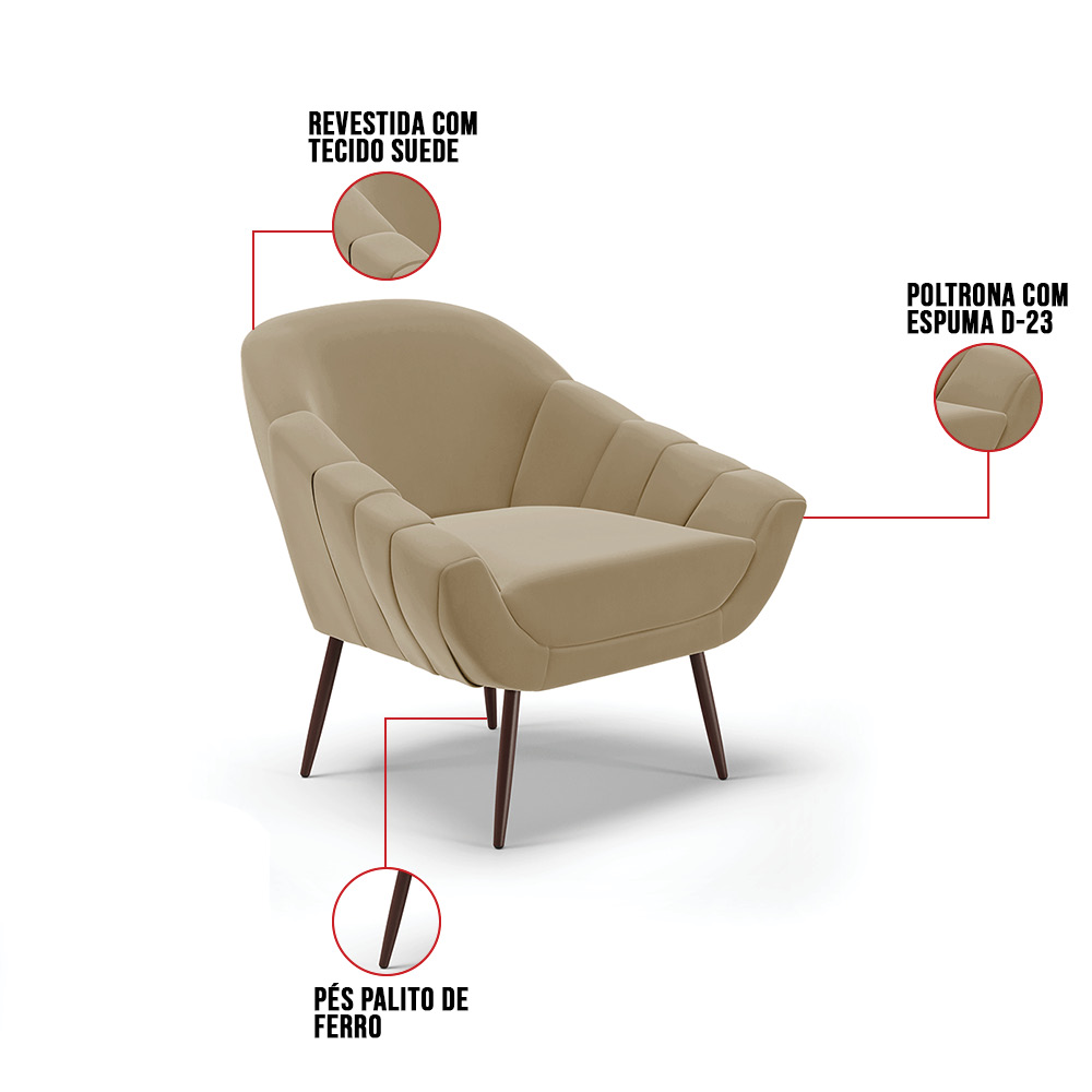 Kit 02 Poltronas Giovana Suede Marrom Rato Pés Palito de Ferro - D'Rossi