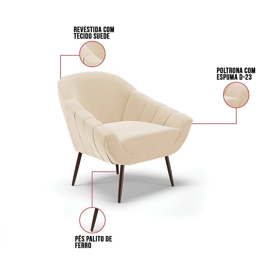 Kit 02 Poltronas Giovana Suede Pés Palito Ferro D'Rossi