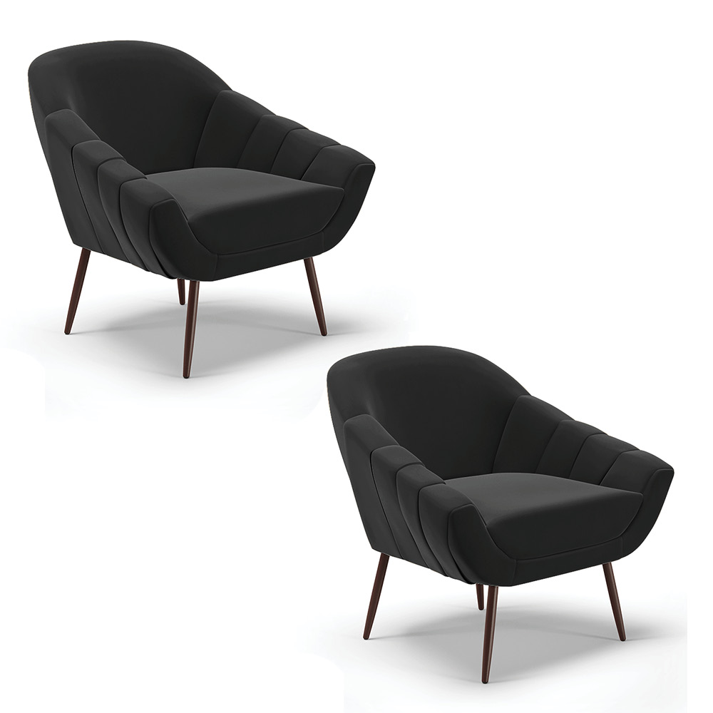 Kit 02 Poltronas Giovana Suede Preto Pés Palito de Ferro - D'Rossi