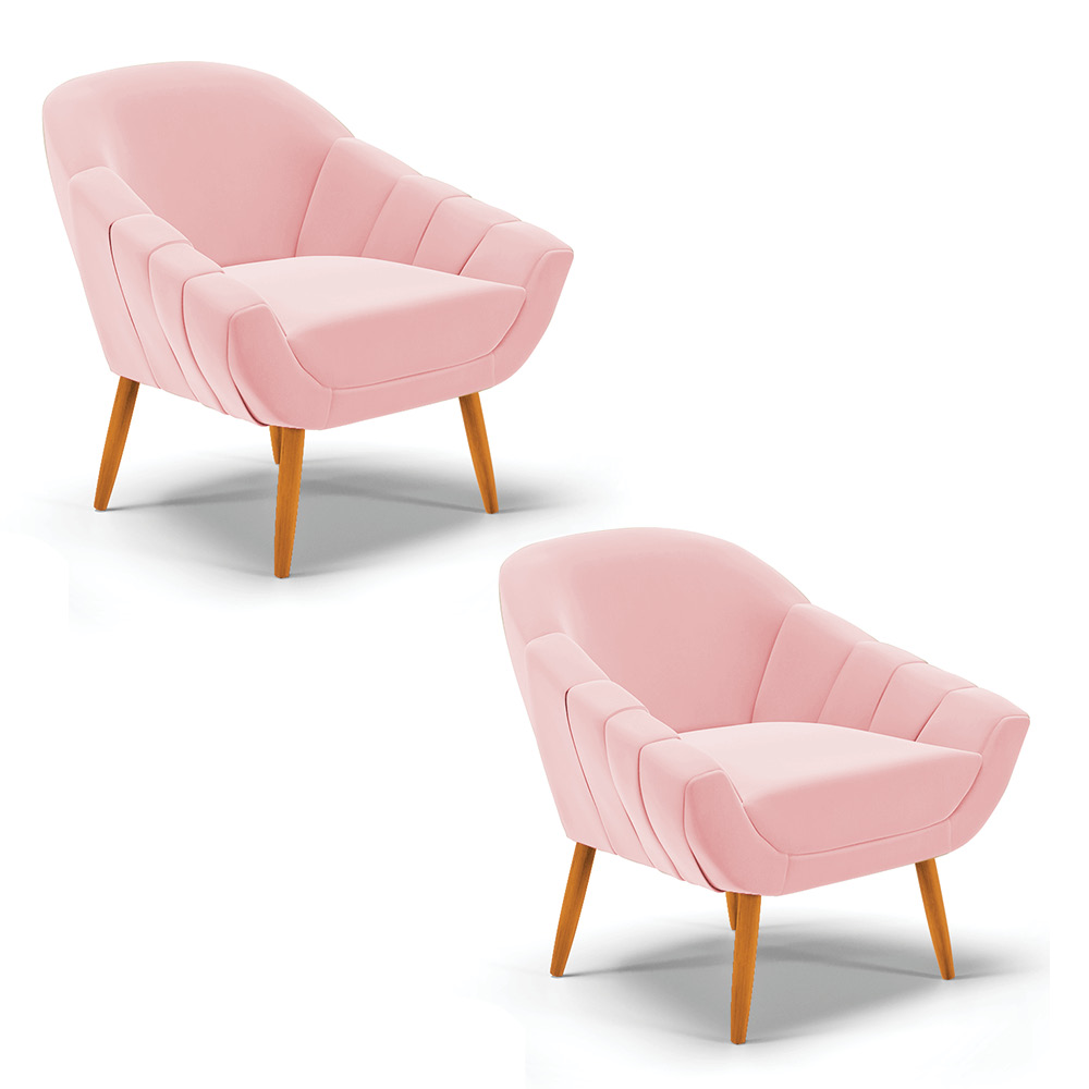 Kit 02 Poltronas Giovana Suede Rosa Bebê Pés Palito Castanho - D'Rossi