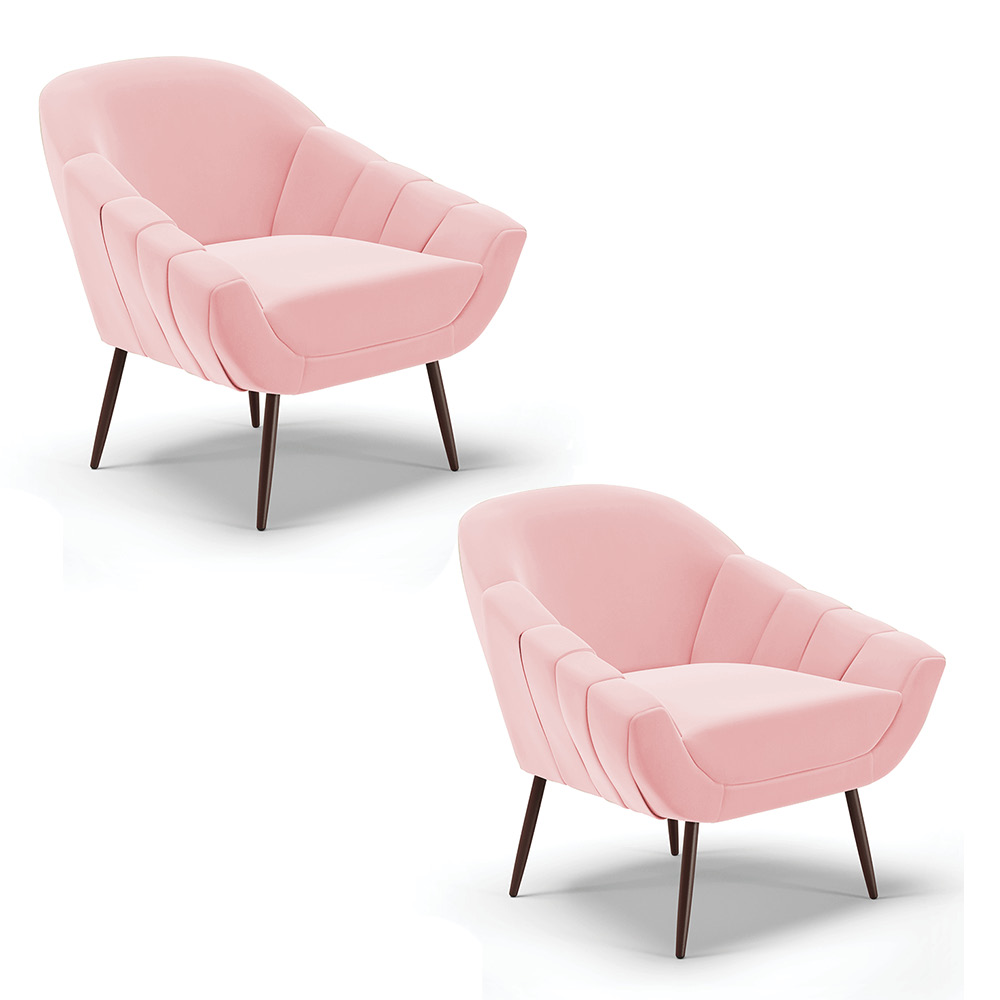 Kit 02 Poltronas Giovana Suede Rosa Bebê Pés Palito de Ferro - D'Rossi