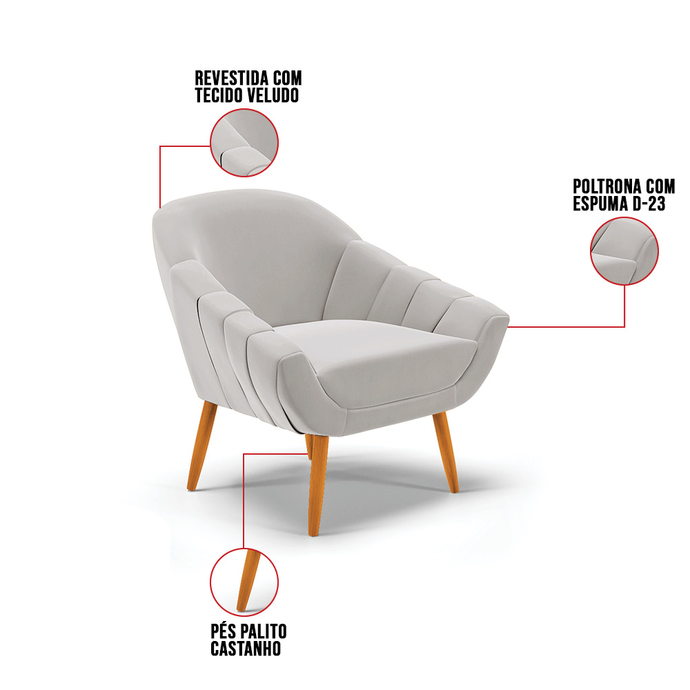 Kit 02 Poltronas Giovana Veludo Cinza Pés Palito Castanho - D'Rossi