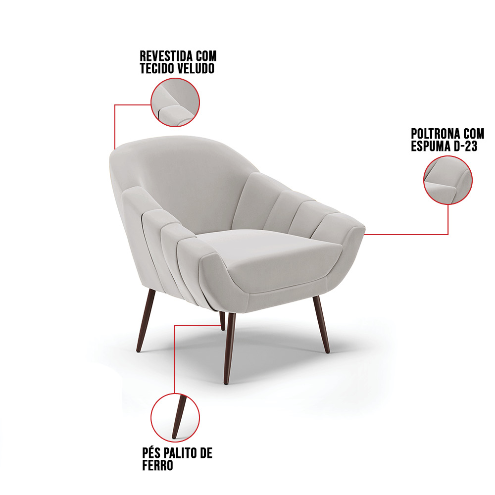 Kit 02 Poltronas Giovana Veludo Cinza Pés Palito de Ferro - D'Rossi