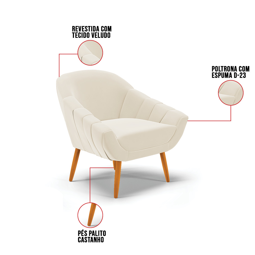 Kit 02 Poltronas Giovana Veludo Pés Palito Castanho - D'Rossi