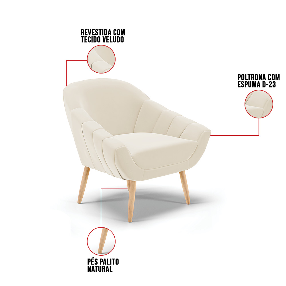 Kit 02 Poltronas Giovana Veludo Pés Palito Natural - D'Rossi