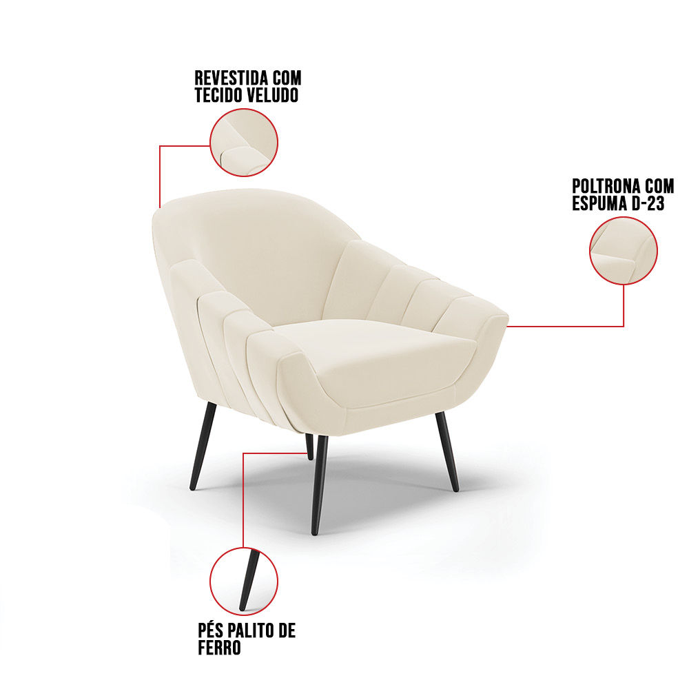 Kit 02 Poltronas Giovana Veludo Pés Palito de Ferro - D'Rossi