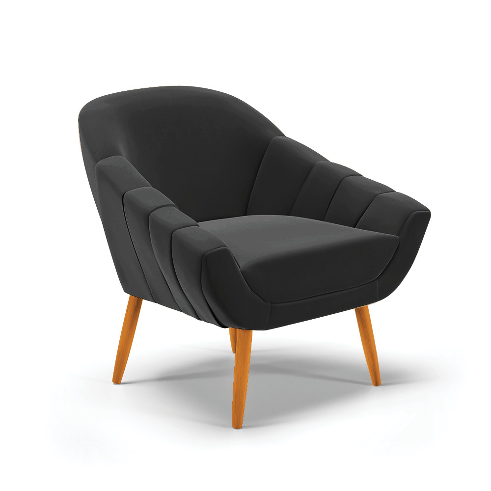 Kit 02 Poltronas Giovana Veludo Preto Pés Palito Castanho - D'Rossi