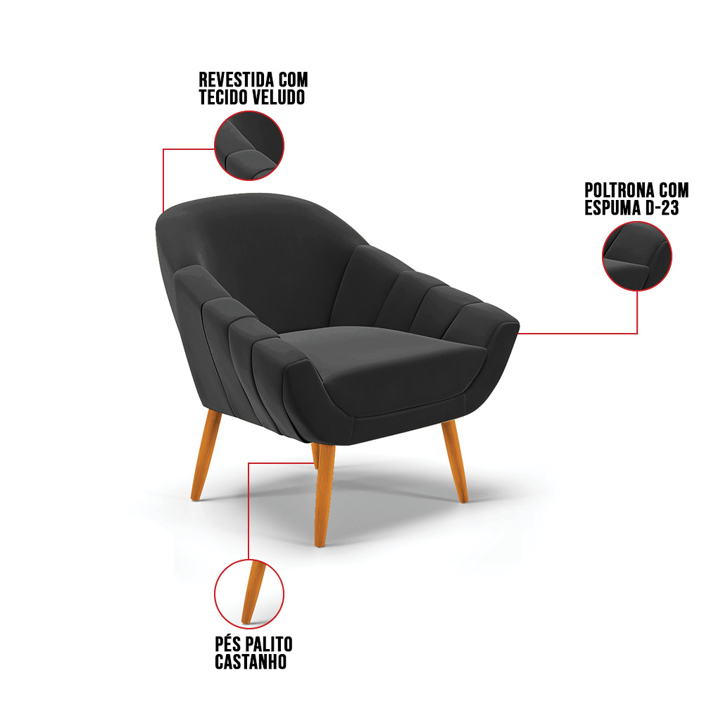 Kit 02 Poltronas Giovana Veludo Preto Pés Palito Castanho - D'Rossi