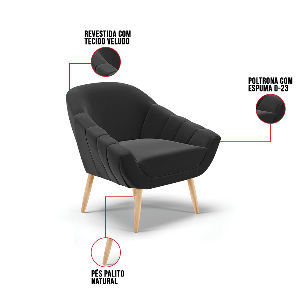 Kit 02 Poltronas Giovana Veludo Preto Pés Palito Natural - D'Rossi