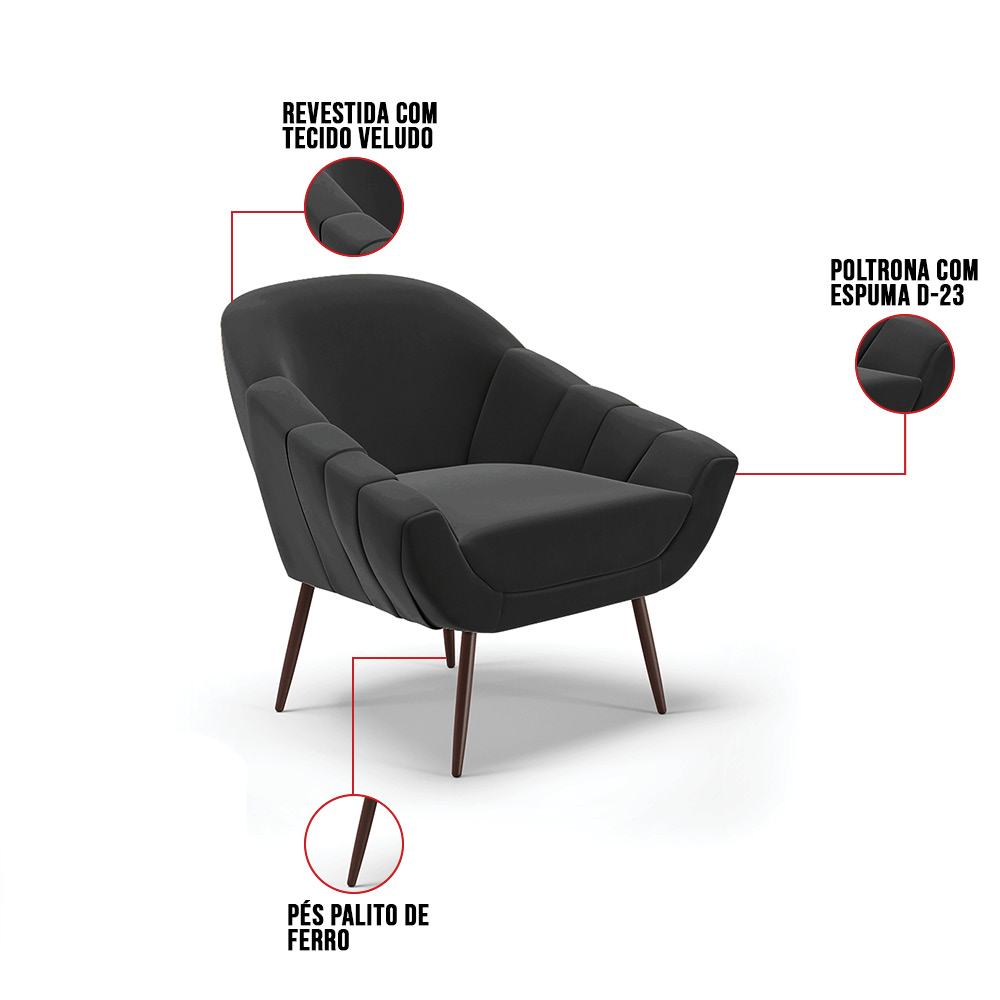 Kit 02 Poltronas Giovana Veludo Preto Pés Palito de Ferro - D'Rossi