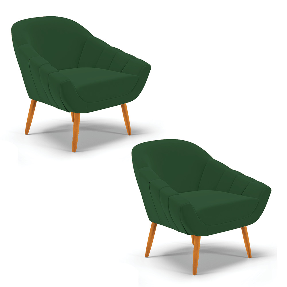 Kit 02 Poltronas Giovana Veludo Verde Pés Palito Castanho - D'Rossi