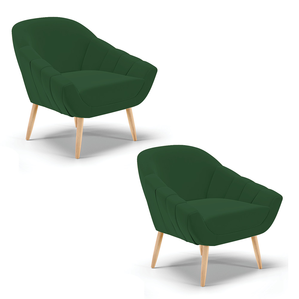 Kit 02 Poltronas Giovana Veludo Verde Pés Palito Natural - D'Rossi