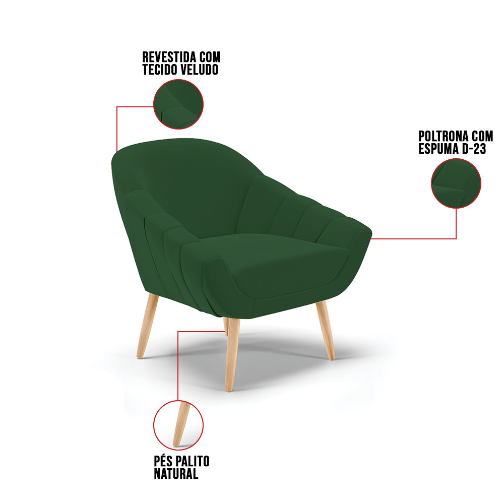 Kit 02 Poltronas Giovana Veludo Verde Pés Palito Natural - D'Rossi