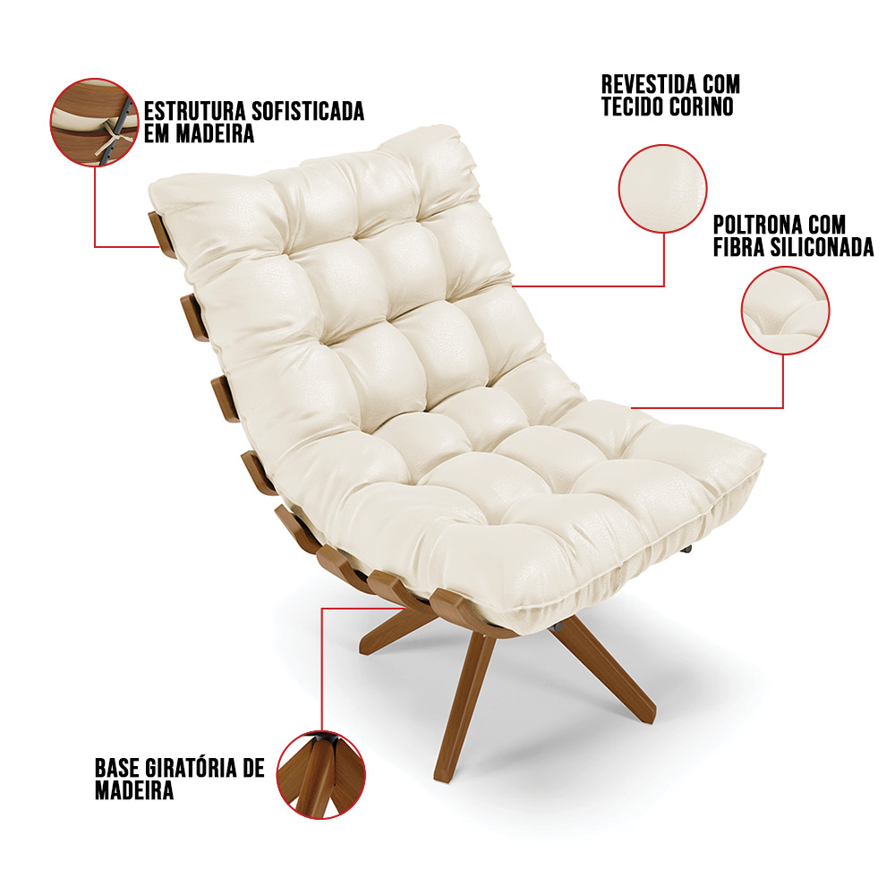 Kit 02 Poltronas Giratória Costela Corino Bege Base Madeira MA25 - D'Rossi