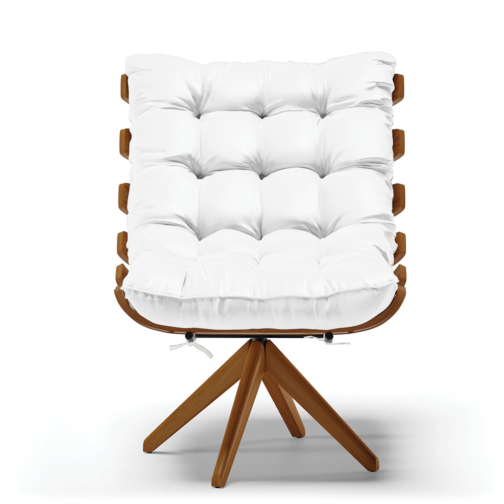 Kit 02 Poltronas Giratória Costela Corino Branco Base Madeira MA25 - D'Rossi