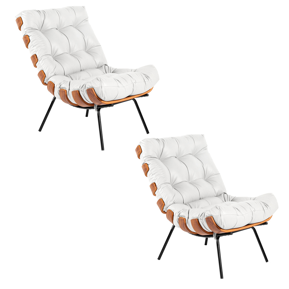 Kit 02 Poltronas Giratória Costela Couro Branco Base Madeira MA25 - D'Rossi