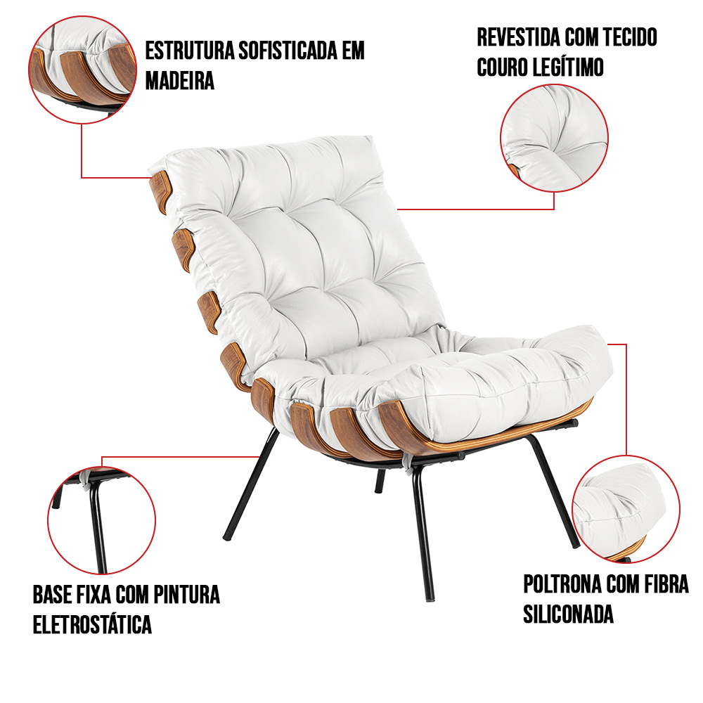 Kit 02 Poltronas Giratória Costela Couro Branco Base Madeira MA25 - D'Rossi