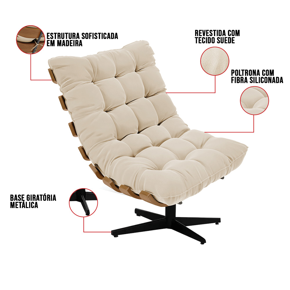 Kit 02 Poltronas Giratória Costela Suede Base Metálica Preto - D'Rossi