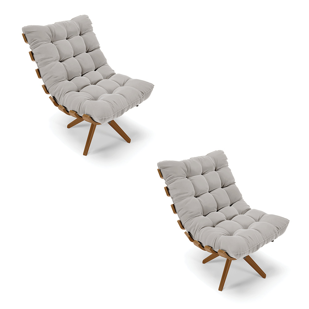 Kit 02 Poltronas Giratória Costela Veludo Cinza Base Madeira MA25 - D'Rossi