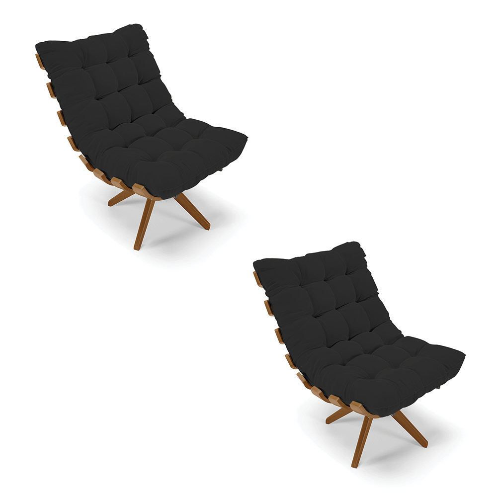 Kit 02 Poltronas Giratória Costela Veludo Preto Base Madeira MA25 - D'Rossi