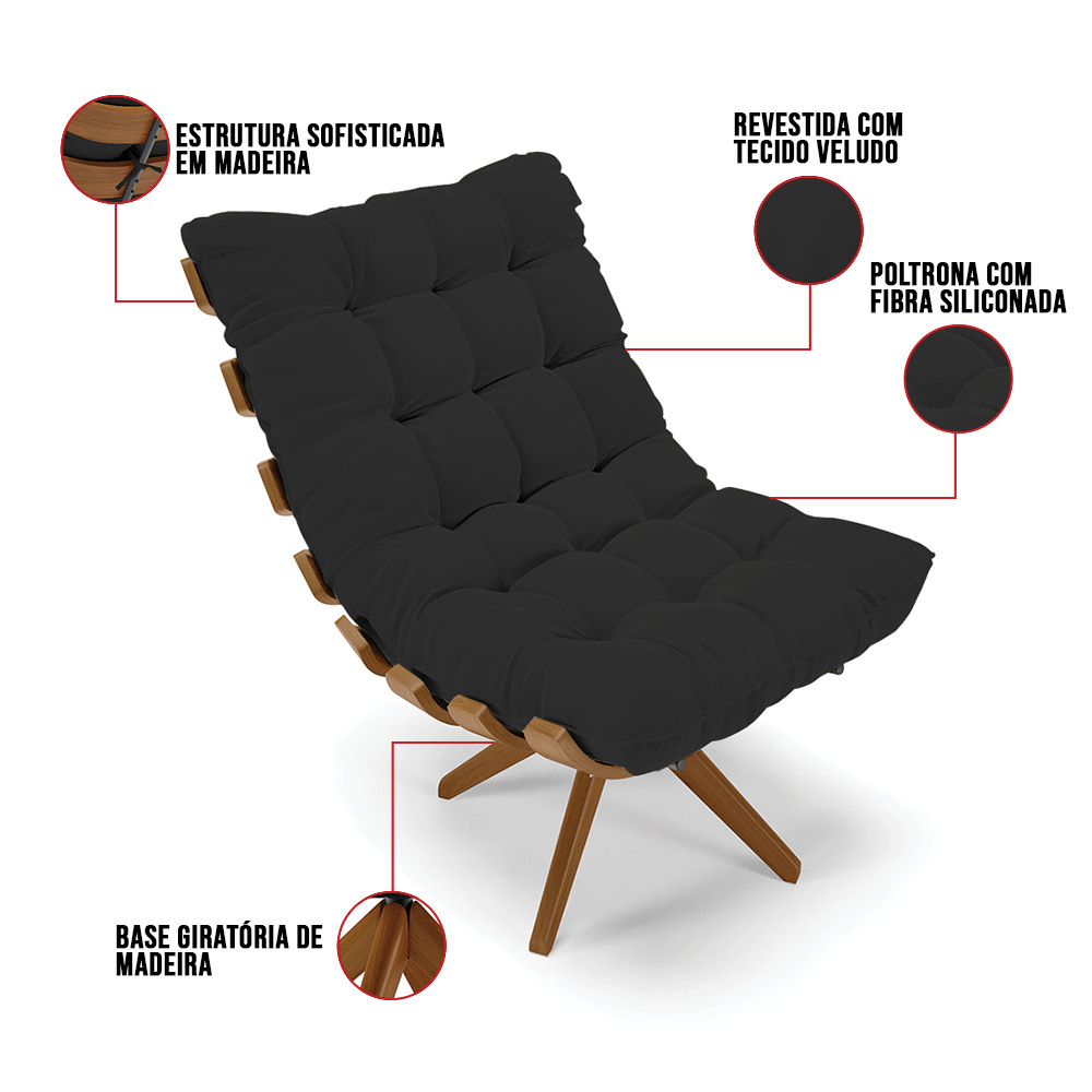 Kit 02 Poltronas Giratória Costela Veludo Preto Base Madeira MA25 - D'Rossi