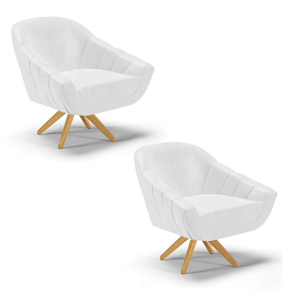 Kit 02 Poltronas Giratória Giovana Corano Branco Base Madeira MA30 - D'Rossi