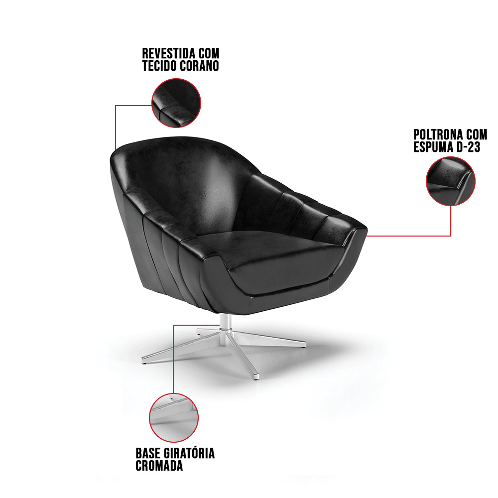 Kit 02 Poltronas Giratória Giovana Corano Preto Base Cromada - D'Rossi