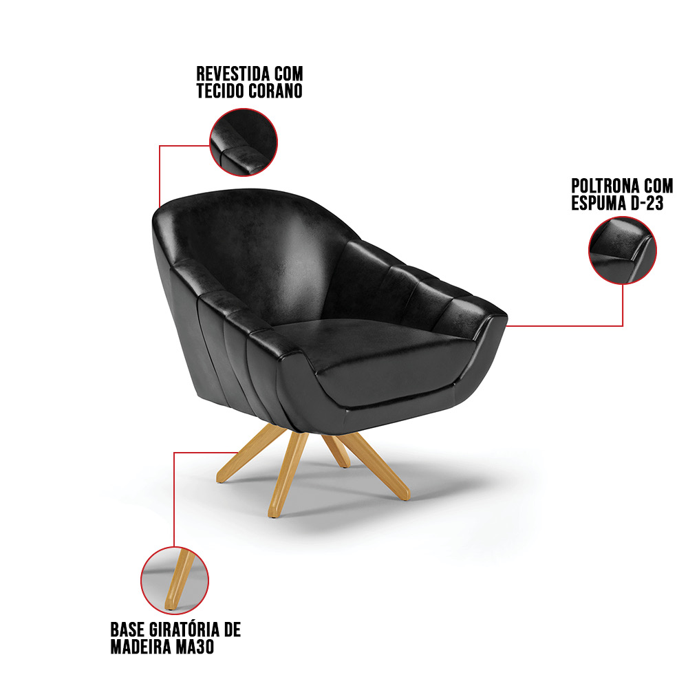 Kit 02 Poltronas Giratória Giovana Corano Preto Base Madeira MA30 - D'Rossi