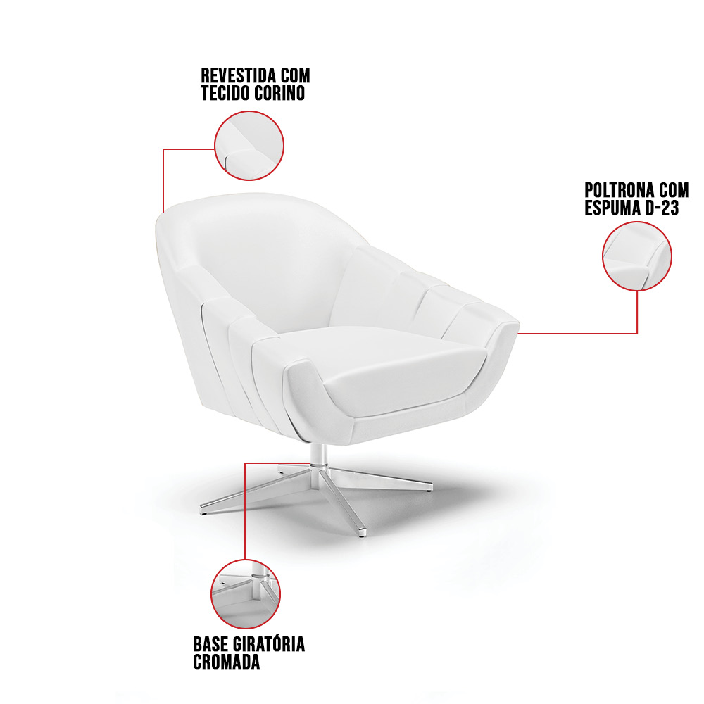Kit 02 Poltronas Giratória Giovana Corino Branco Base Cromada - D'Rossi