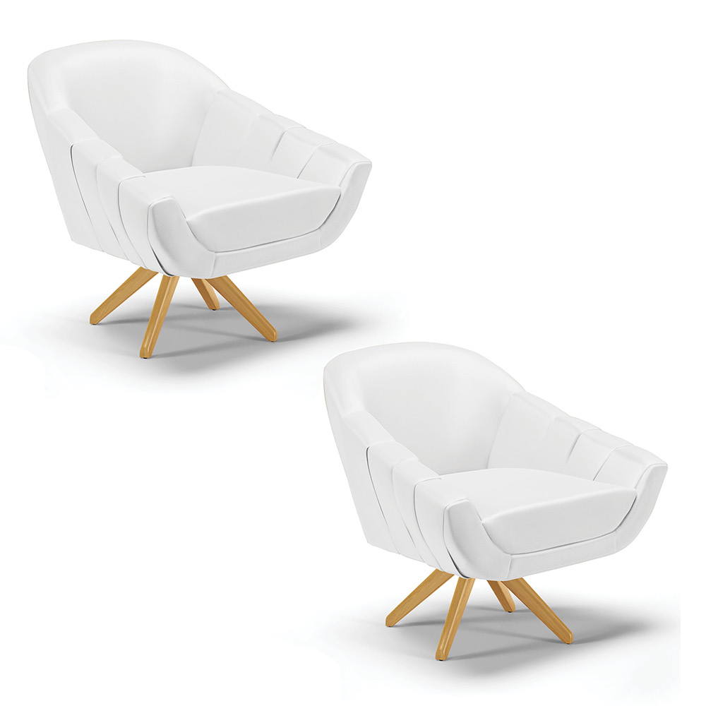 Kit 02 Poltronas Giratória Giovana Corino Branco Base Madeira MA30 - D'Rossi