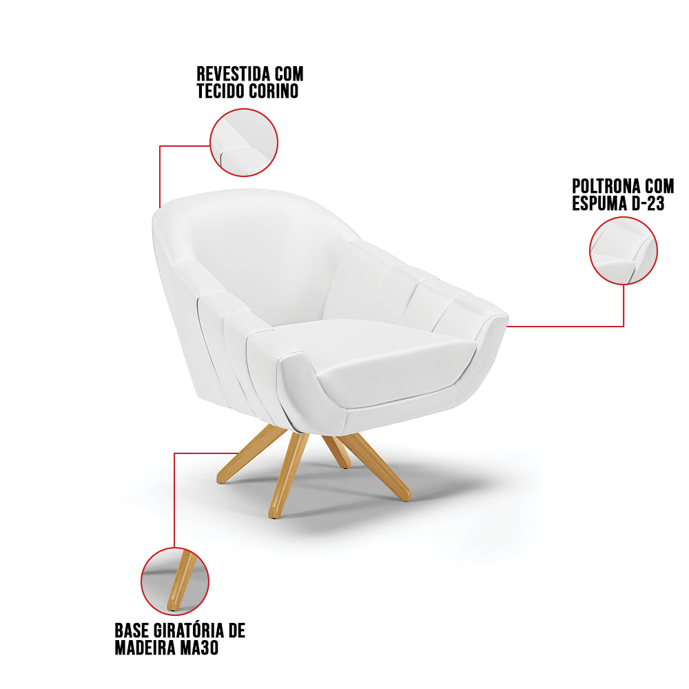 Kit 02 Poltronas Giratória Giovana Corino Branco Base Madeira MA30 - D'Rossi