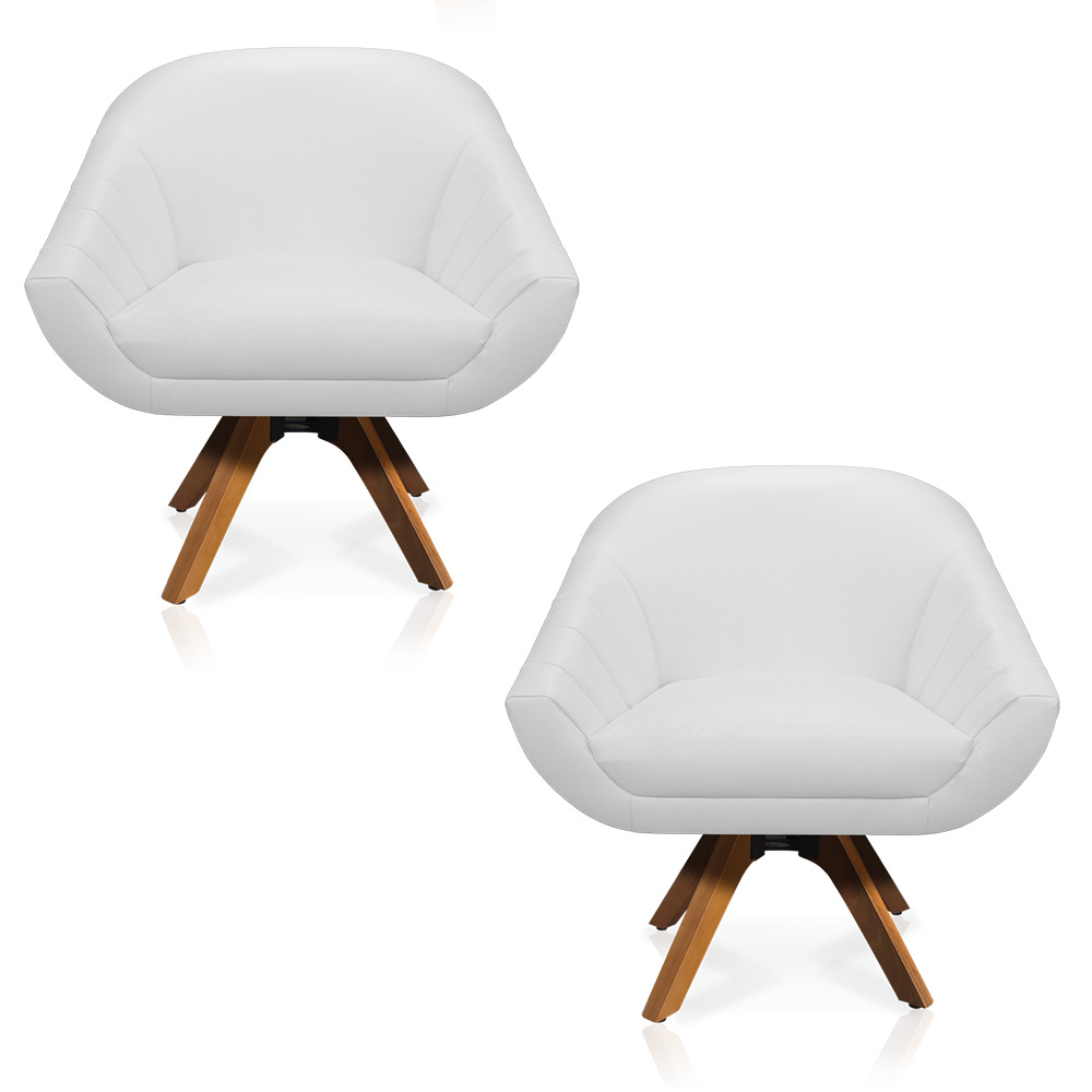 Kit 02 Poltronas Giratória Giovana Corino Branco Base Madeira MM30 - D'Rossi