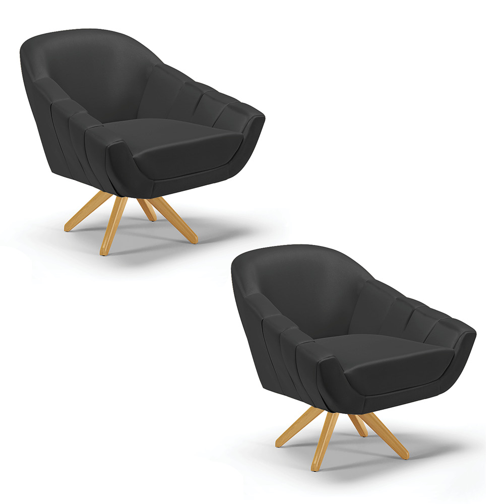Kit 02 Poltronas Giratória Giovana Corino Preto Base Madeira MA30 - D'Rossi