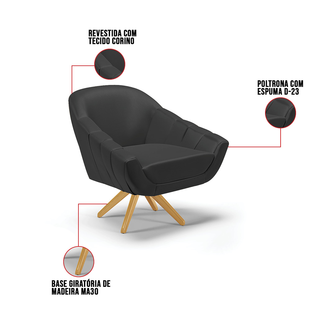 Kit 02 Poltronas Giratória Giovana Corino Preto Base Madeira MA30 - D'Rossi