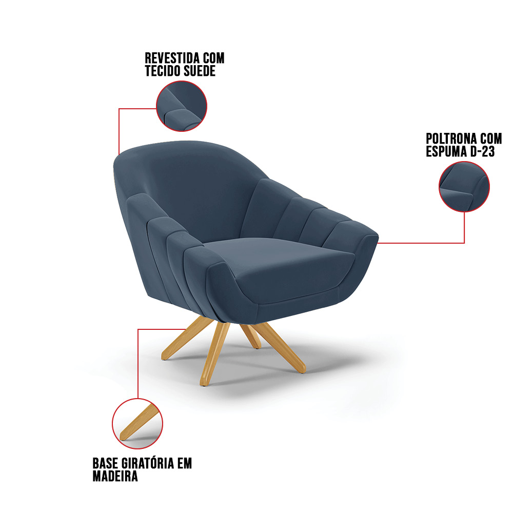 Kit 02 Poltronas Giratória Giovana Suede Azul Marinho Base Madeira MA30 - D'Rossi